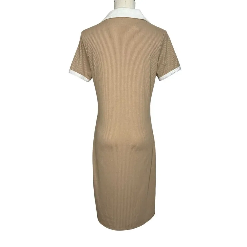 Livi by Olivia Rae Women’s Large Knit Midi Dress Tan Collared Ribbed Preppy NEW - Picture 4 of 6